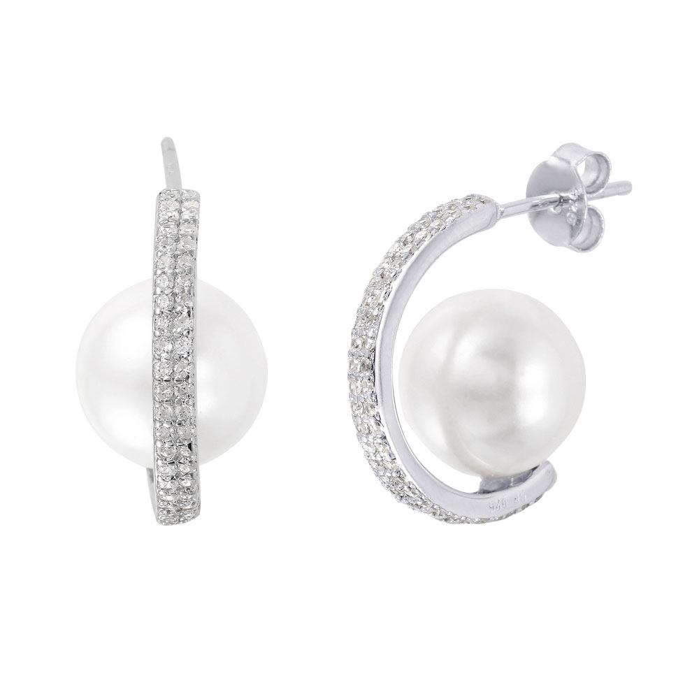 Sterling Silver Rhodium Plated Elegant Pearl Attached to a C-Curved CZ Paved Earrings with Earring Dimensions of 18MMx10MM and Friction Back Post