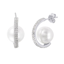 Load image into Gallery viewer, Sterling Silver Rhodium Plated Elegant Pearl Attached to a C-Curved CZ Paved Earrings with Earring Dimensions of 18MMx10MM and Friction Back Post