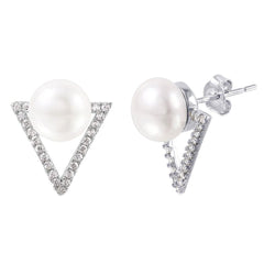 High Polished Sterling Silver Rhodium Plated Clear CZ Paved Open Triangle Stud Earrings with Round White PearlAnd Earring Dimensions of 18MMx15MM