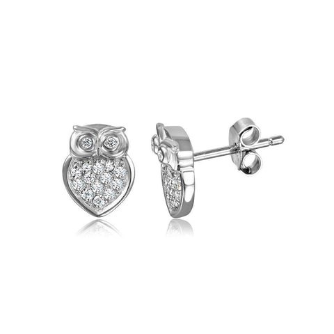 High Polished Sterling Silver Stylish Owl with Round Clear Cz Stud EarringsAnd Earring Dimensions of 9.8MMx7.7MM