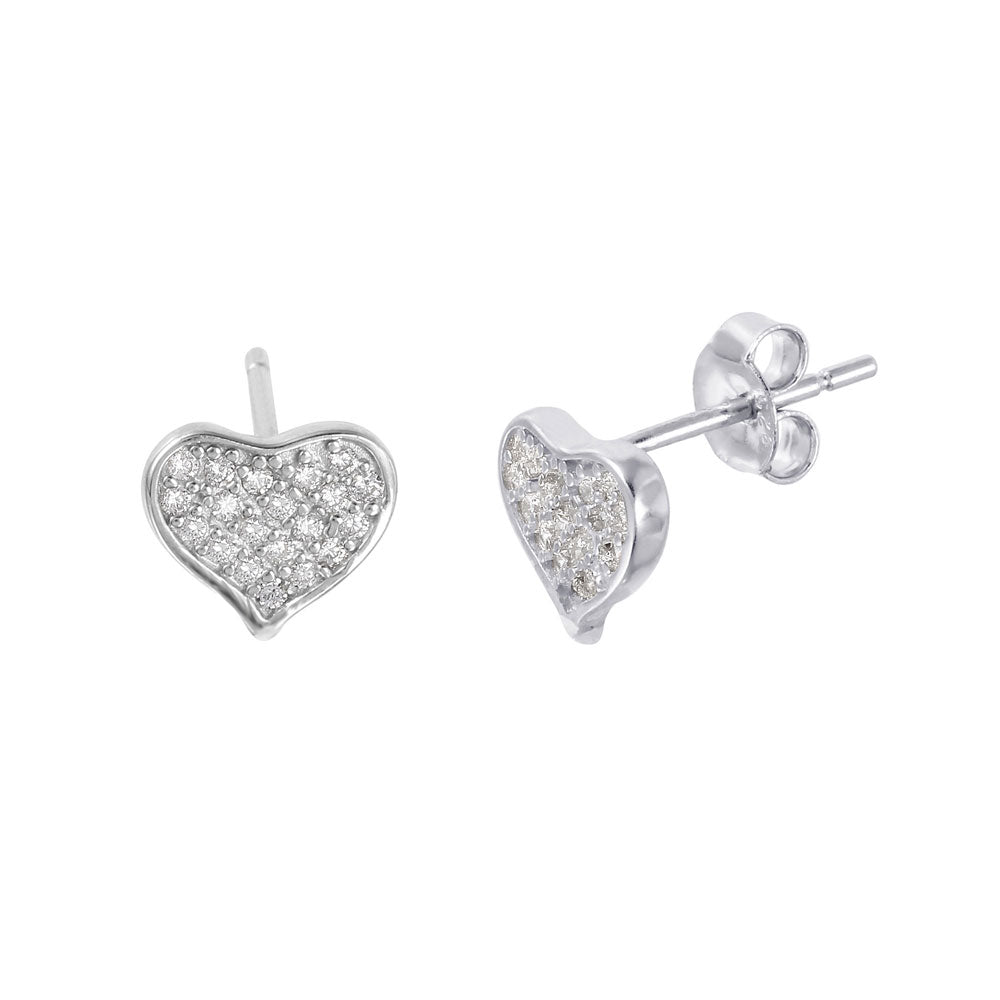 Sterling Silver Nickel Free Rhodium Plated Heart Shaped Pave CZ Stud Earrings