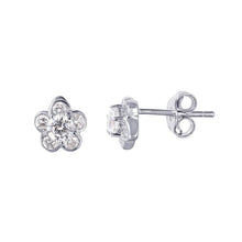 Load image into Gallery viewer, High Polished Sterling Silver Rhodium Plated Flower Earrings with Round Clear CZ StonesAnd Earring Diameter of 6.7MM and Friction Post Back