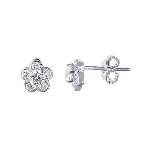 High Polished Sterling Silver Rhodium Plated Flower Earrings with Round Clear CZ StonesAnd Earring Diameter of 6.7MM and Friction Post Back