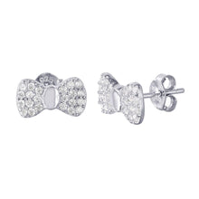Load image into Gallery viewer, Sterling Silver Rhodium Plated Bow Shaped Stud Earrings With CZ Stones