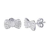 Sterling Silver Rhodium Plated Bow Shaped Stud Earrings With CZ Stones
