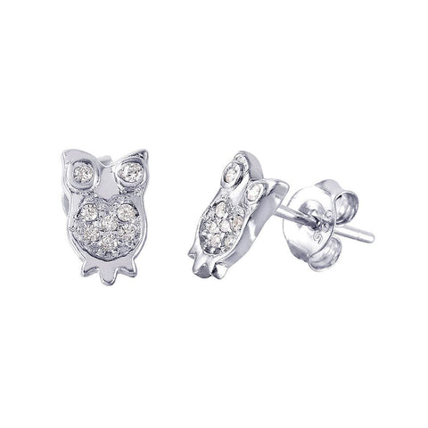 Sterling Silver Rhodium Plated Owl Shaped Stud Earrings With CZ Stones