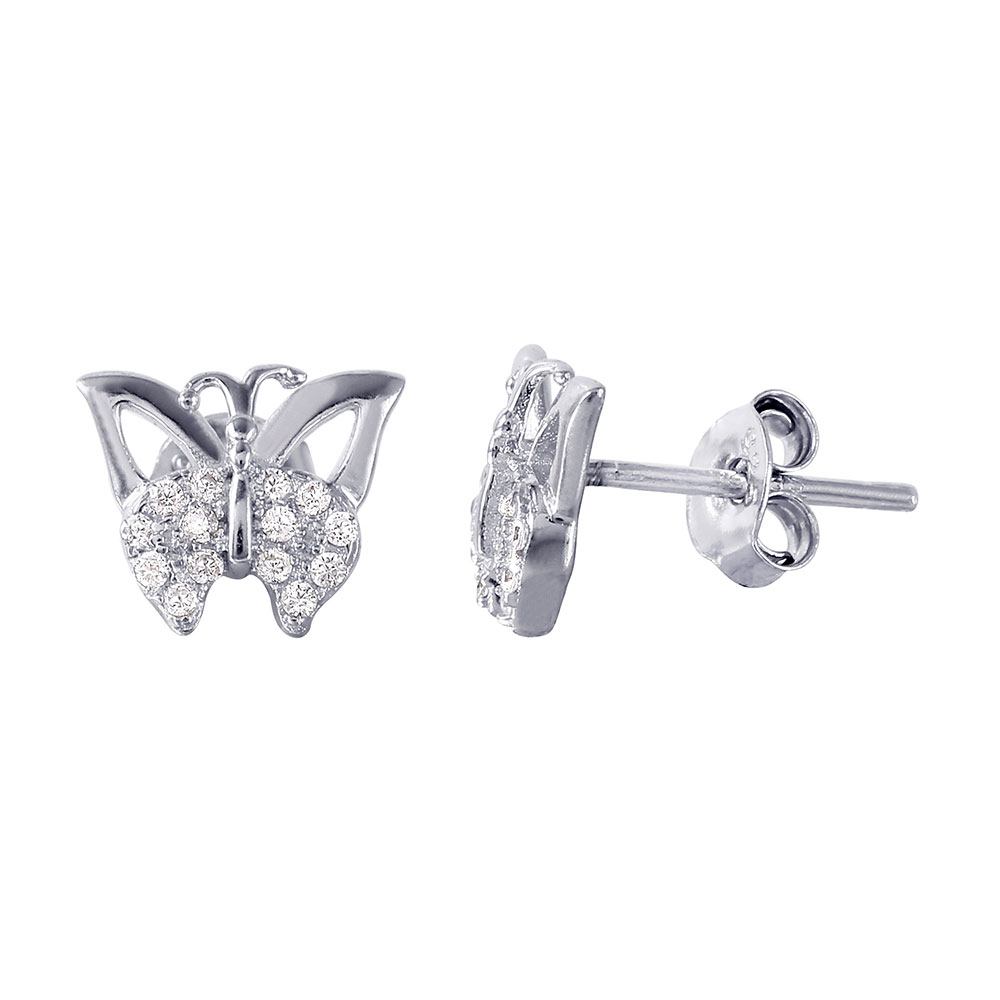 High Polished Sterling Silver Rhodium Plated Butterfly Earrings with Round CZ StonesAnd Earring Dimensions of 7.4MMx9.1MM and Friction Post Back