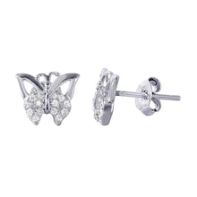 Load image into Gallery viewer, High Polished Sterling Silver Rhodium Plated Butterfly Earrings with Round CZ StonesAnd Earring Dimensions of 7.4MMx9.1MM and Friction Post Back