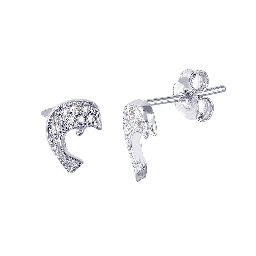 Sterling Silver Rhodium Plated Stylish Micro Pave Dolphin With Earring Dimensions of 9MMx6.7MM and Friction Post Back