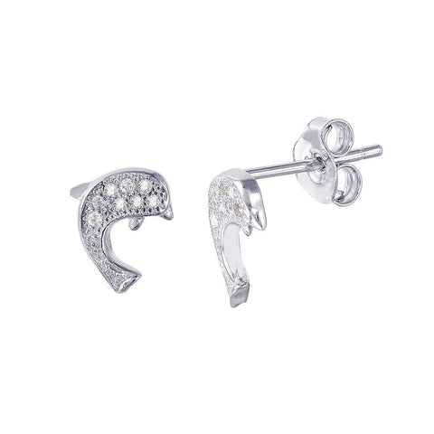 Sterling Silver Rhodium Plated Stylish Micro Pave Dolphin With Earring Dimensions of 9MMx6.7MM and Friction Post Back