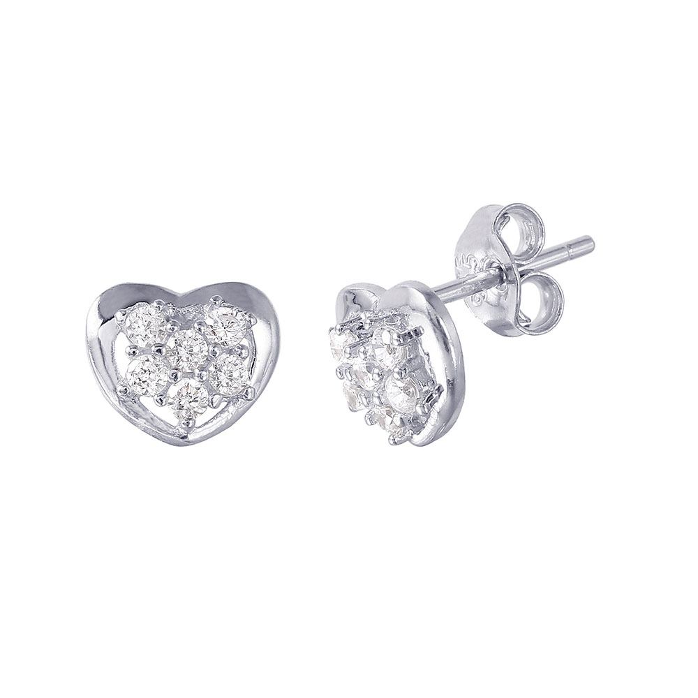 High Polished Sterling Silver Rhodium Plated Heart with Cluster CZ EarringsAnd Earring Dimensions to 7MMx8.2MM and Friction Post Back