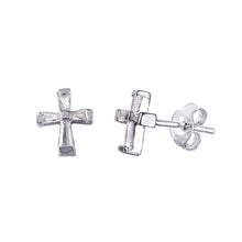 Load image into Gallery viewer, Sterling Silver Rhodium Plated Cross Stud Earrings with Baguette Clear CZ StonesAnd Earring Dimensions of 7.8MMx6.7MM and Friction Post Back