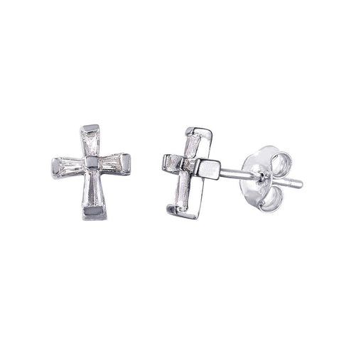 Sterling Silver Rhodium Plated Cross Stud Earrings with Baguette Clear CZ StonesAnd Earring Dimensions of 7.8MMx6.7MM and Friction Post Back