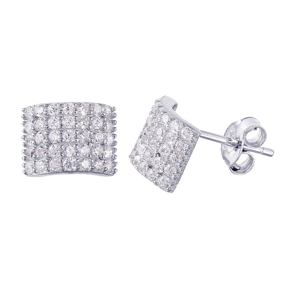 Sterling Silver Rhodium Plated Rectangular Micro Pave CZ Earrings with Earring Dimensions of 6.9MMx9MM and Friction Back Post