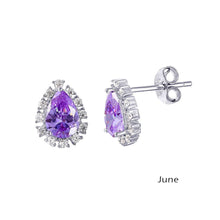 Load image into Gallery viewer, Sterling Silver Rhodium Plated Teardrop Halo Shape Birthstone Earring With CZ Stones