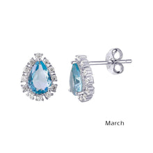 Load image into Gallery viewer, Sterling Silver Rhodium Plated Teardrop Halo Shape Birthstone Earring With CZ Stones