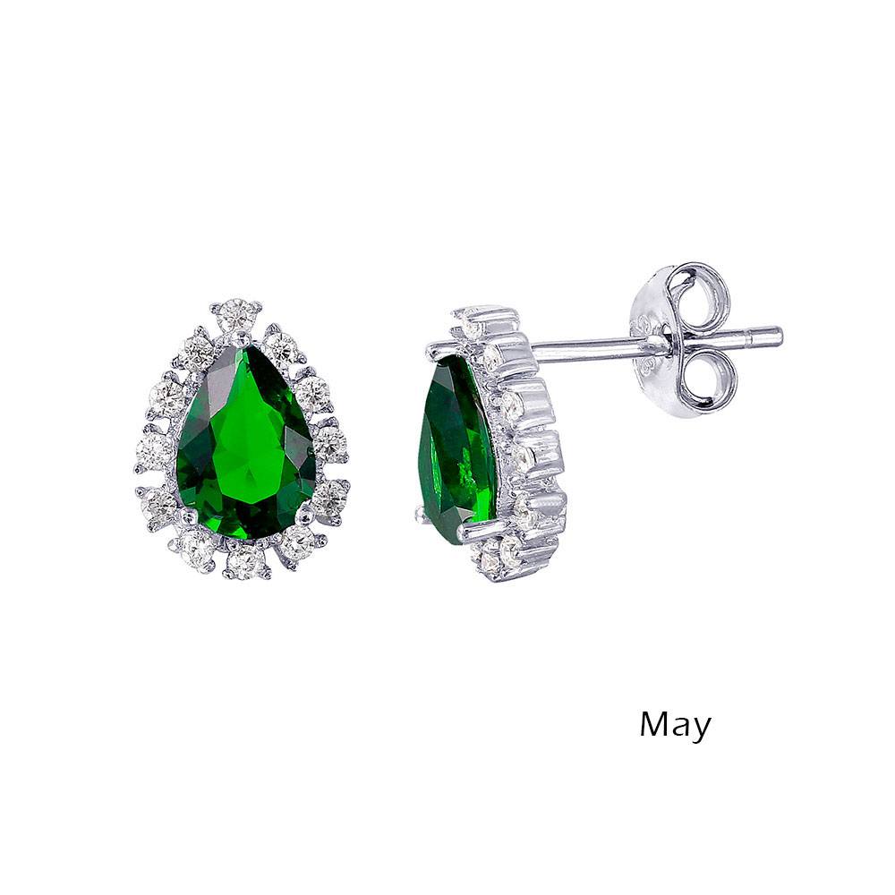 Sterling Silver Rhodium Plated Teardrop Halo Shape Birthstone Earring With CZ Stones