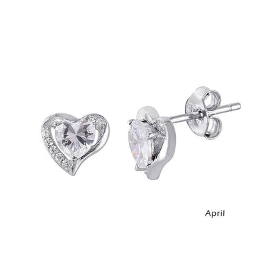 Sterling Silver Rhodium Plated Heart With Birthstone Center Stud Earrings