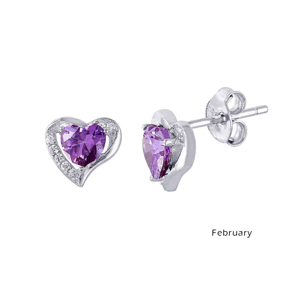 Sterling Silver Rhodium Plated Heart With Birthstone Center Stud Earrings