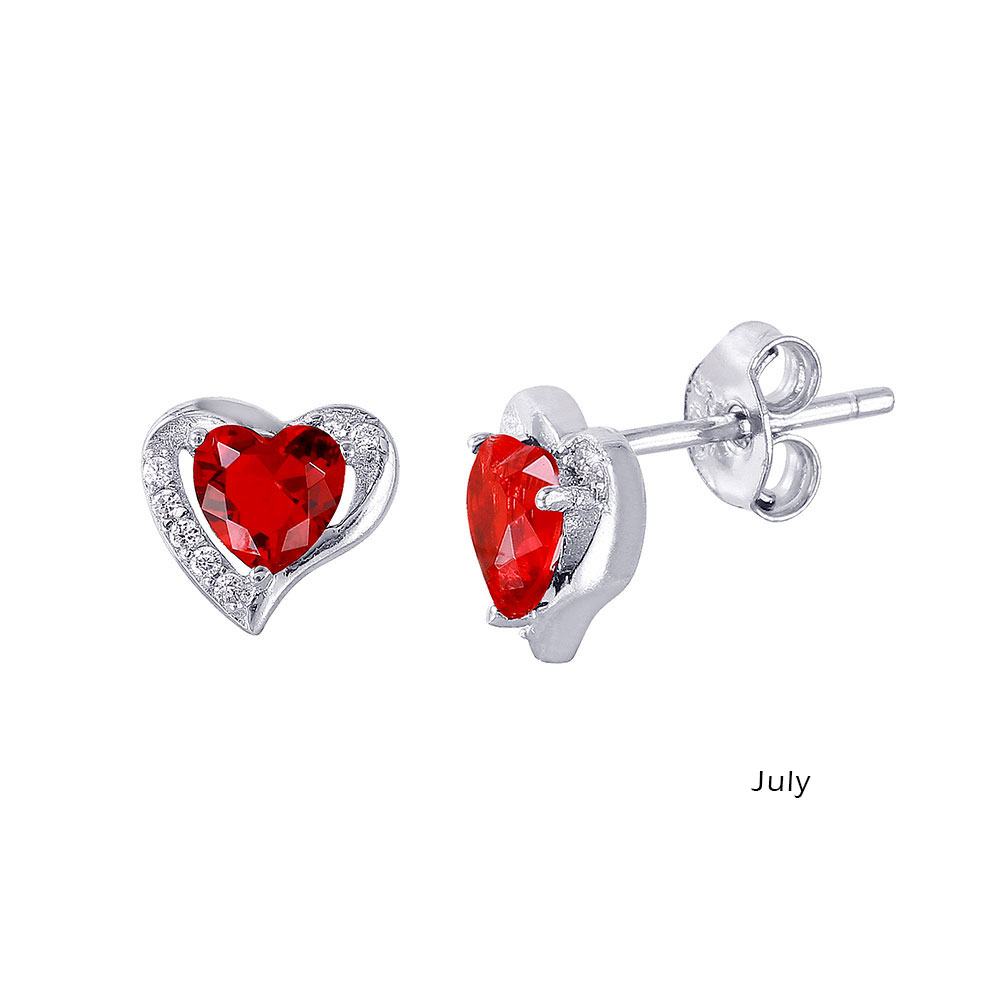 Sterling Silver Rhodium Plated Heart With Birthstone Center Stud Earrings