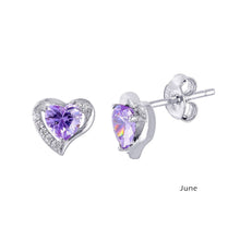 Load image into Gallery viewer, Sterling Silver Rhodium Plated Heart With Birthstone Center Stud Earrings