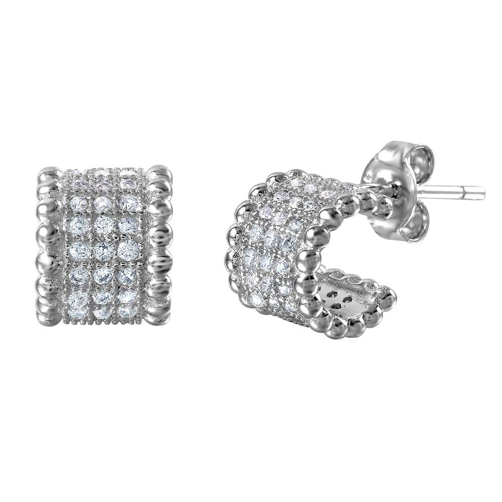 Sterling Silver Rhodium Plated  Semi Hoop Earring With CZ Stones