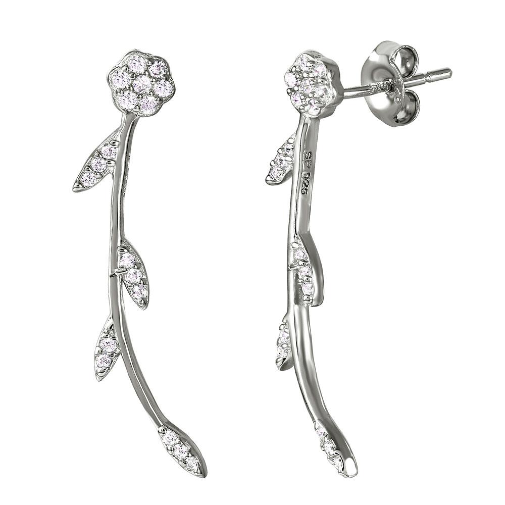 Sterling Silver Rhodium Plated Long Stem Flower Shaped Earrings With CZ Stones
