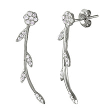 Load image into Gallery viewer, Sterling Silver Rhodium Plated Long Stem Flower Shaped Earrings With CZ Stones