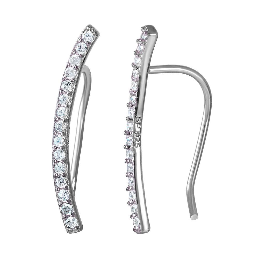 Sterling Silver Rhodium Plated Elegant Curved Bar Earrings with Clear CZAnd Earring Dimensions of 20.3MMx1.6MM