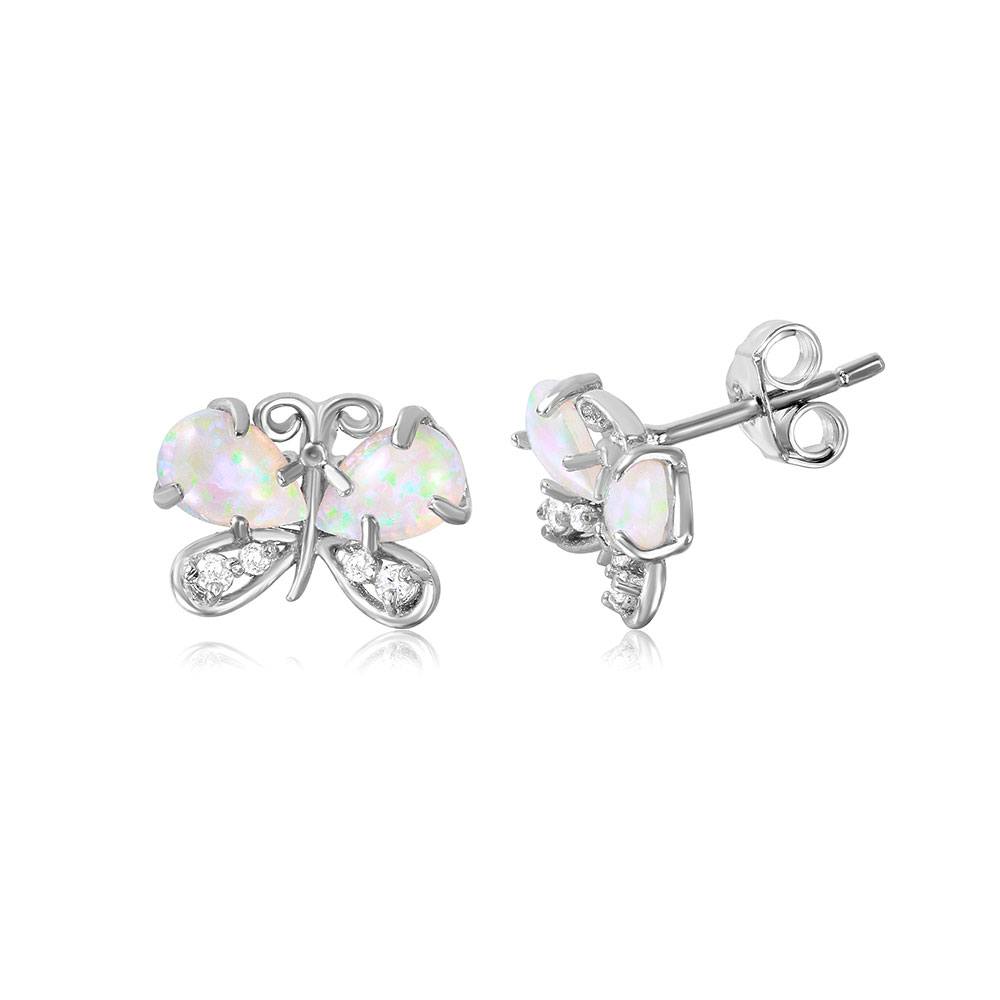 High Polished Sterling Silver CZ Butterfly Earrings with 2 Pear Synthetic OpalAnd Earring Dimensions of 11MMx8MM and Friction Back Post