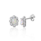 Rhodium Plated Sterling Silver Flower CZ Earrings with Synthetic Opal in the MiddleAnd Earring Dimensions of 10MMx8MM