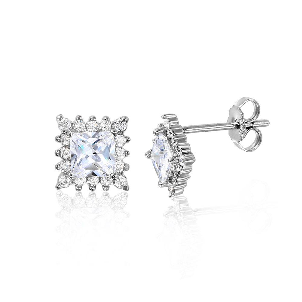Sterling Silver Rhodium Plated Clear CZ Square Halo Earrings with Earring Width of 7MM and Friction Back Post