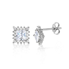 Load image into Gallery viewer, Sterling Silver Rhodium Plated Clear CZ Square Halo Earrings with Earring Width of 7MM and Friction Back Post
