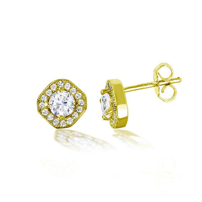 Sterling Silver Gold Plated Round Halo Earrings