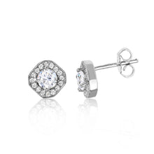 Load image into Gallery viewer, Sterling Silver Rhodium Plated Clear CZ Round Halo Earrings with Earring Width of 8MM and Friction Back Post