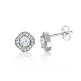 Sterling Silver Rhodium Plated Clear CZ Round Halo Earrings with Earring Width of 8MM and Friction Back Post