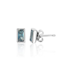 Load image into Gallery viewer, Sterling Silver Rhodium Plated Stylish Blue Rectangle CZ Stud Earrings with Earring Dimensions of 7MMx4MM and Friction Post Back