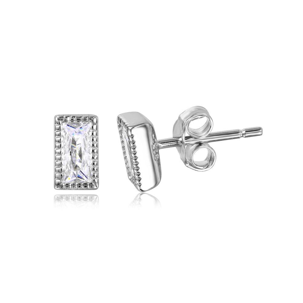 Sterling Silver Rectangle Shaped Stud Earring With CZ Stones