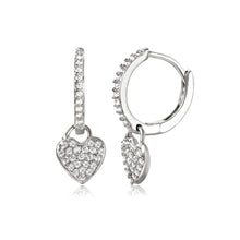 Load image into Gallery viewer, Sterling Silver Rhodium Plated Hoop With Hanging Heart Earrings