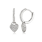 Sterling Silver Rhodium Plated Hoop With Hanging Heart Earrings