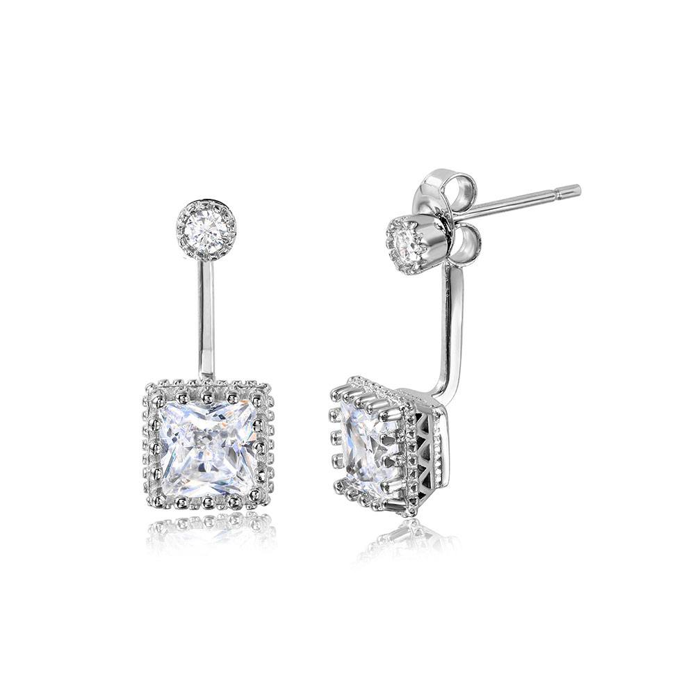 Sterling Silver Rhodium Plated Hanging Square Crown Set Earrings With CZ Stones