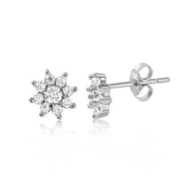 Load image into Gallery viewer, Sterling Silver Rhodium Plated Flower Stud Earrings With Round Clear CZ StonesAnd Earring Width of 6.8MM and Friction Back Post