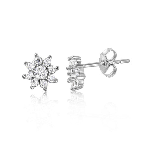 Sterling Silver Rhodium Plated Flower Stud Earrings With Round Clear CZ StonesAnd Earring Width of 6.8MM and Friction Back Post