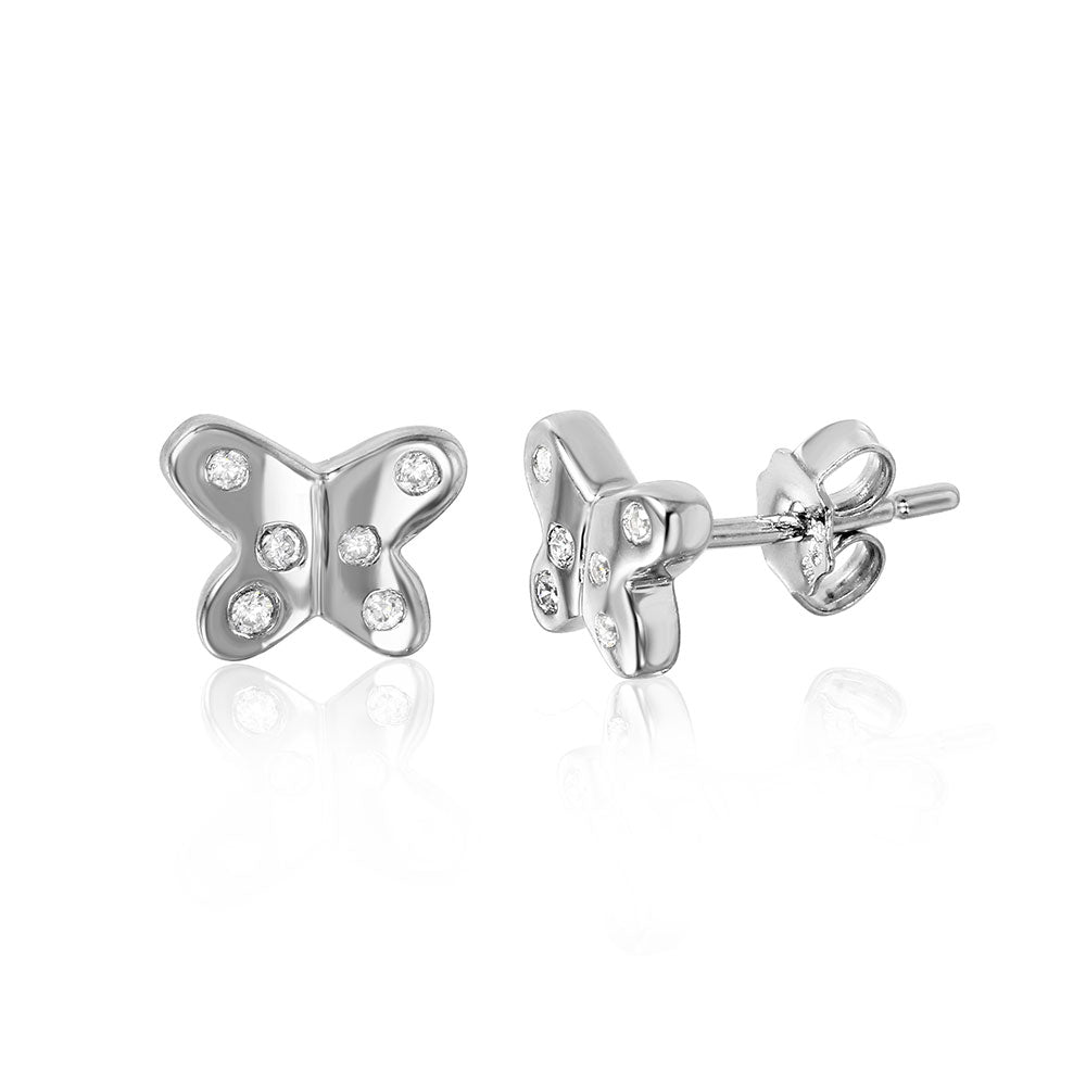 High Polished Sterling Silver Butterfly Earrings with Small CZAnd Earring Dimensions of 5.9MMx7.4MM and Friction Back Post