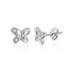 High Polished Sterling Silver Butterfly Earrings with Small CZAnd Earring Dimensions of 5.9MMx7.4MM and Friction Back Post