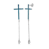 Sterling Silver Rhodium Plated Cross Earrings With Dangle Embedded with Synthetic TurquoiseAnd Cross Dimensions of 15MMx26.9MM and Friction Back Post