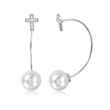 Load image into Gallery viewer, Sterling Silver Rhodium Plated Elegant CZ Paved Cross with Hanging Synthetic White Pearl EarringsAnd Earring Length of 38.1MM and Pearl Diameter of 10.3MM