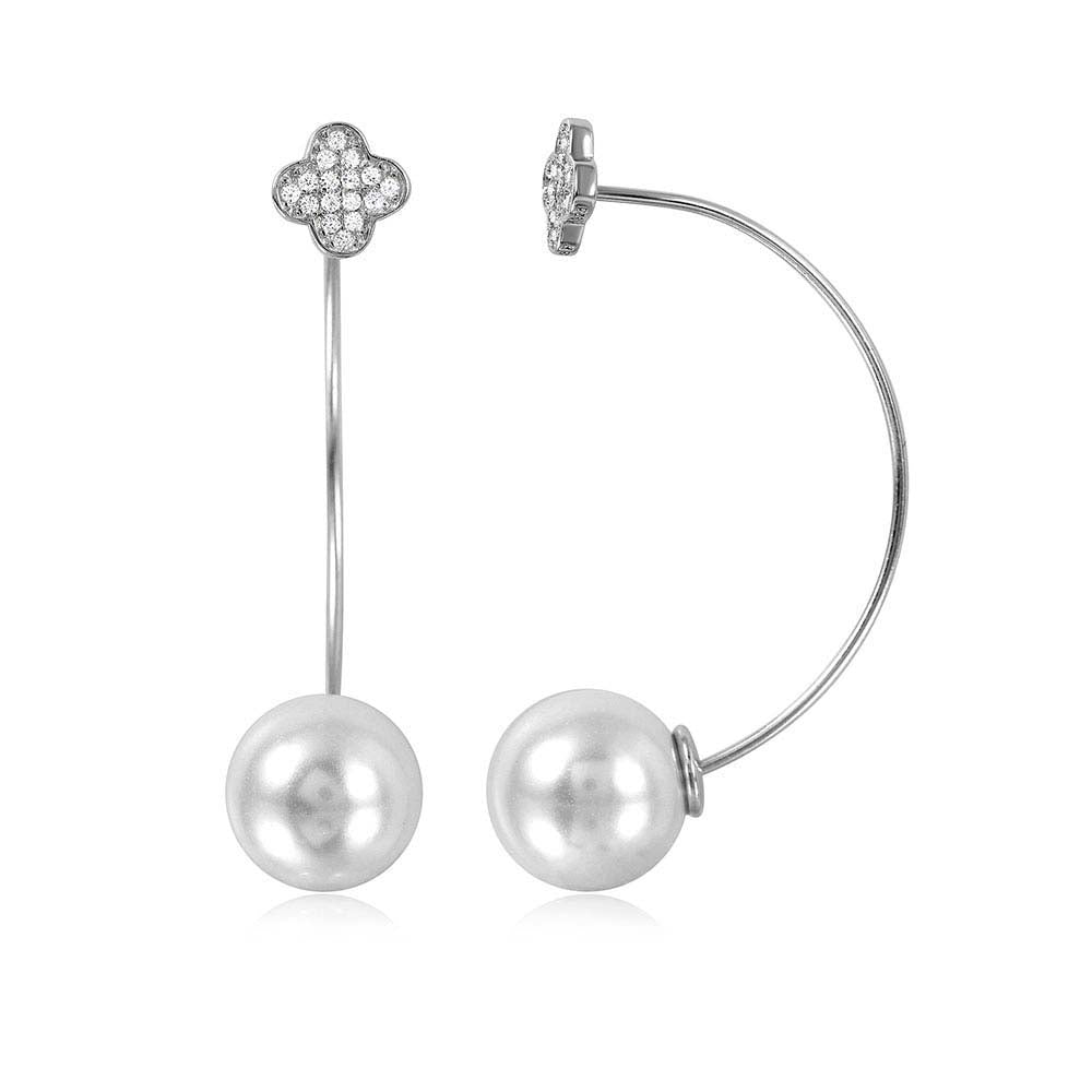 Sterling Silver Rhodium Plated Elegant CZ Paved Clover with Hanging Synthetic White Pearl EarringsAnd Earring Length of 38.1MM and Pearl Diameter of 10.3MM