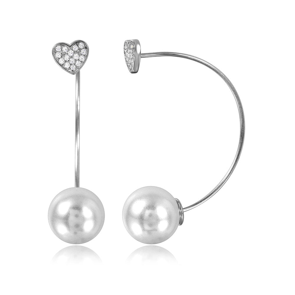 Sterling Silver Rhodium Plated Elegant CZ Paved Heart with Hanging Synthetic White Pearl EarringsAnd Earring Length of 38.1MM and Pearl Diameter of 10.3MM