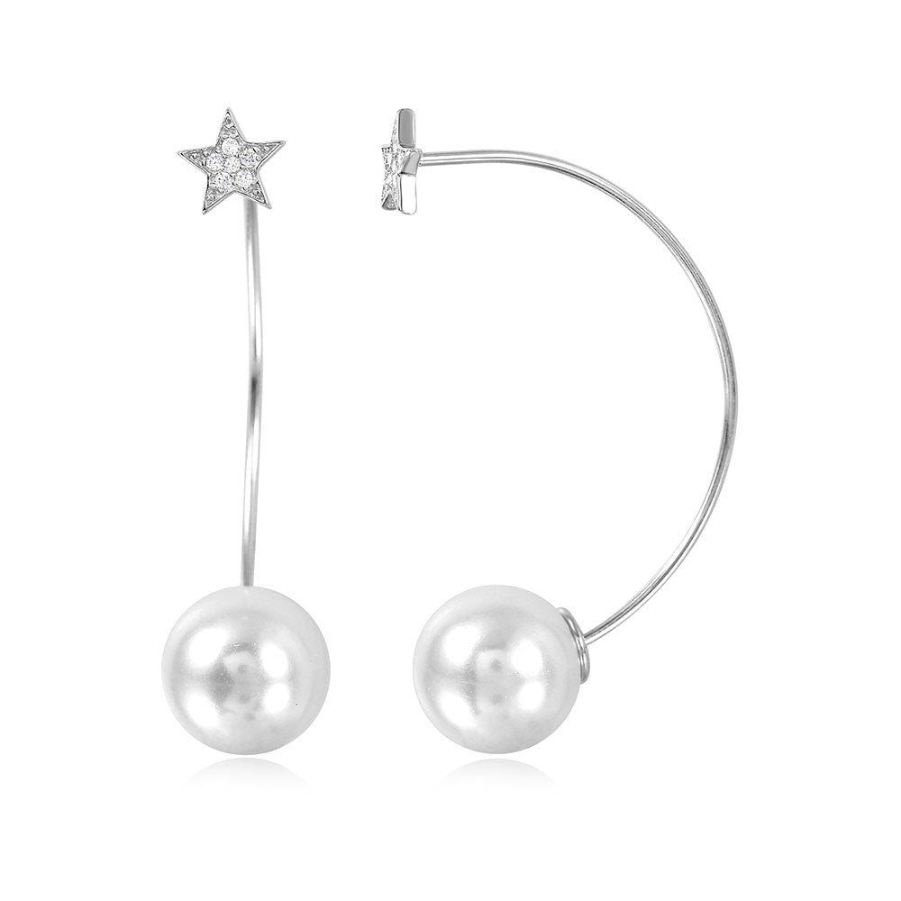 Sterling Silver Rhodium Plated Elegant CZ Paved Star with Hanging Synthetic White Pearl EarringsAnd Earring Length of 38.1MM and Pearl Diameter of 10.3MM
